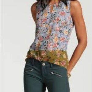 CAbi Blue and Green Floral Striped Blouse